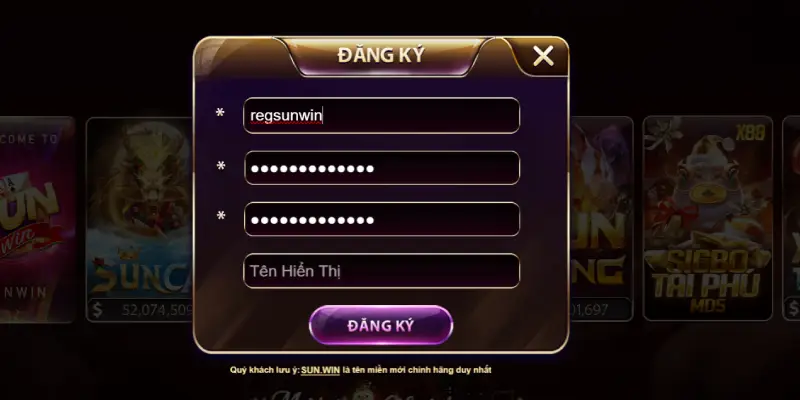 Giao diện form đăng ký Sunwin trên điện thoại